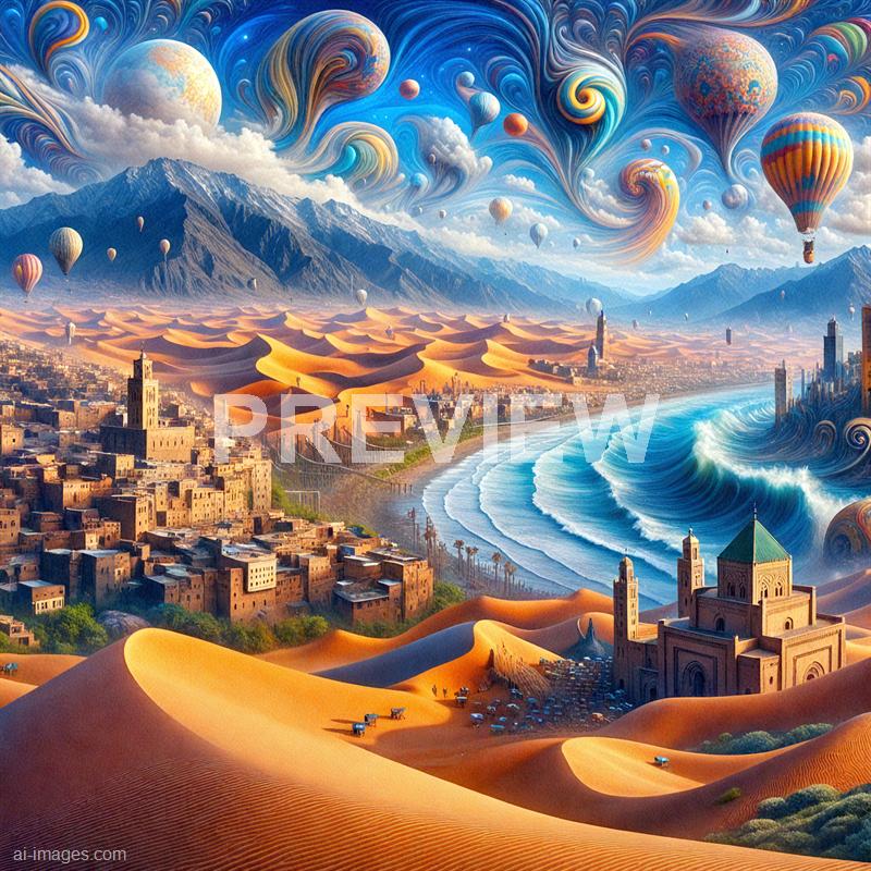 A surreal landscape featuring a combination of desert dunes, a coastal city with buildings and a beach, and majestic snow-capped mountains in the background. The sky is filled with swirling, colorful clouds and numerous hot air balloons floating above, creating a dreamlike atmosphere. The scene blends elements of nature and human habitation in an imaginative, fantastical style.